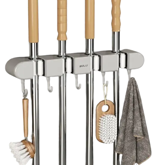 Mop Hanger Broom Storage Rack w 5 Slots 6 Hooks. {1}