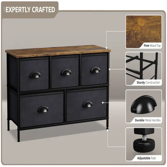 Sorbus Dresser with 5 Drawers - Storage Chest Organizer Unit with Steel Frame, Wood Top, Easy Pull Fabric Bins - Long Wide TV Stand for Bedroom Furniture, Hallway, Closet & Office Organization Black/Wood Top {3}