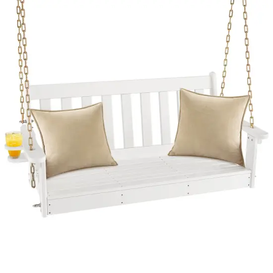 54 Inch HDPE Patio Porch Swing with Cup Holder-White {4}