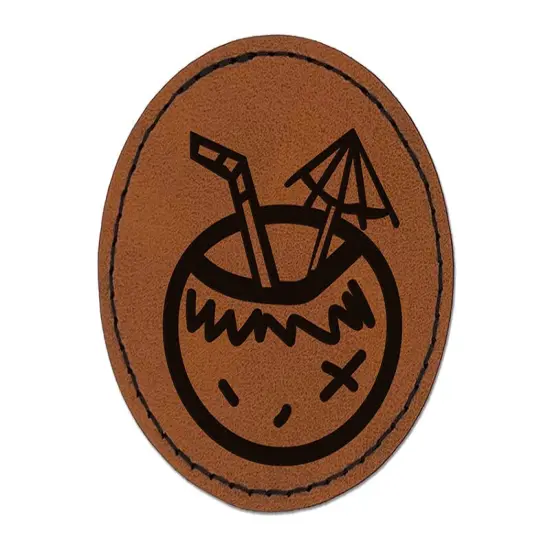 Coconut Drink Tropical Doodle Round Iron-On Engraved Faux Leather Patch Applique - 2.5" Brown {1}