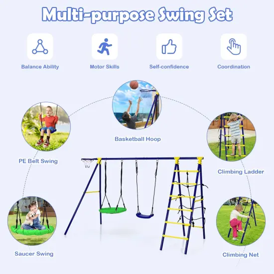 5-In-1 Outdoor Kids Swing Set with A-Shaped Metal Frame and Ground Stake {5}