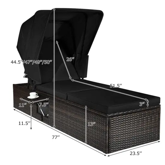 Outdoor Adjustable Cushioned Chaise Lounge Chair with Folding Canopy-Black {4}