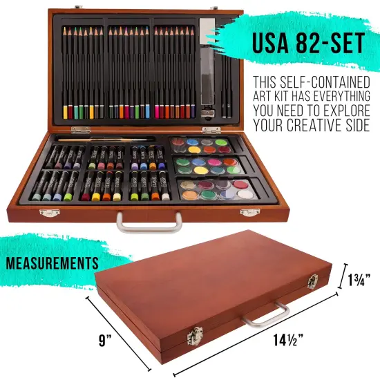 82 Pieces Deluxe Artist Studio Creativity Set Wood Box Case - Art Painting, Sketching Drawing Set, 24 Watercolor Paint Colors, 24 Oil Pastels, 24 Colored Pencils, 2 Brushes, Starter Kit {1}