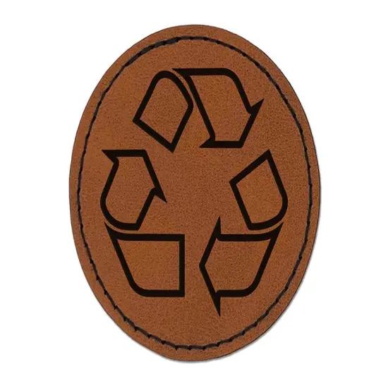 Recycle Symbol Outline Round Iron-On Engraved Faux Leather Patch Applique - 2.5" Brown {1}