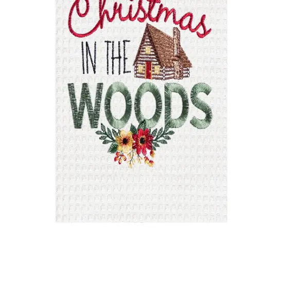 27" x 18" "Christmas In The Woods" Sentiment with Log Cabin Embroidered Cotton Waffle Weave Kitchen Dish Towel {4}