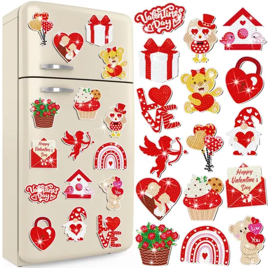 16 Pieces Valentine's Day Diamond Painting Magnets for Refrigerator Heart Love Gnome Diamond Art Magnets DIY Red Valentines Day Diamond Painting Kits Diamond Art for Adults Kids Crafts Gifts {2}