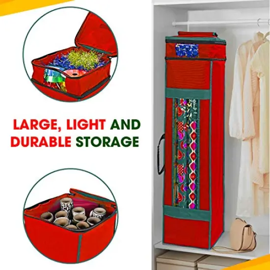 Wrapping Paper Storage Bag with Pocket and Handles Including Hanging Loop Heavy Duty Material with Clear Window 47 x 10 x 10 Inch Fits 40 Inch Long Rolls (Red, 1 Count) {4}