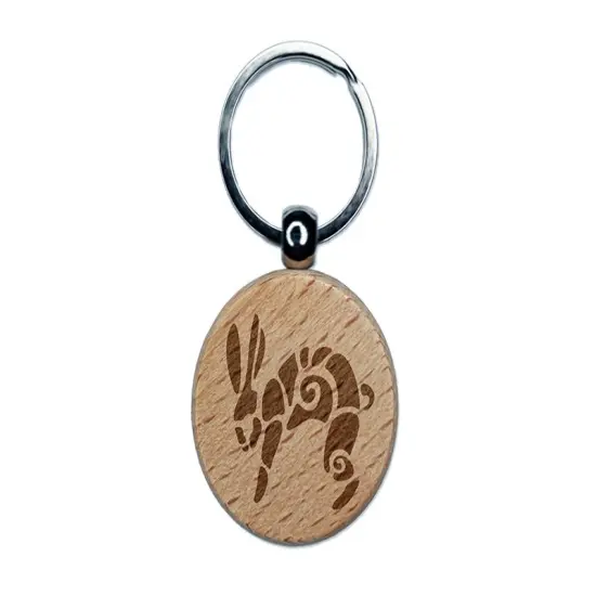 Southwestern Style Tribal Jackrabbit Hare Bunny Engraved Wood Round Keychain Tag Charm {1}