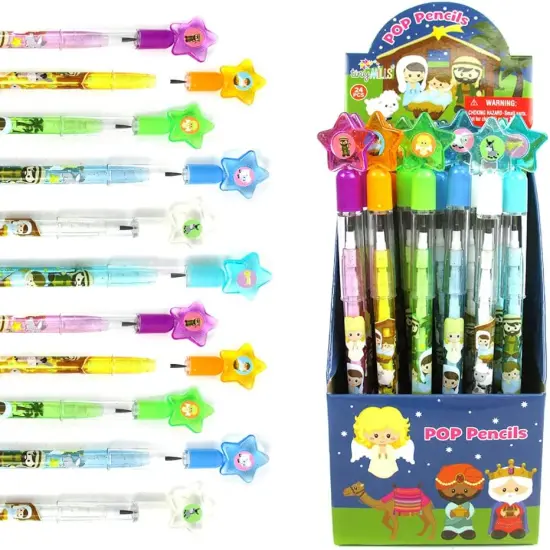 TINYMILLS 24 Pcs Nativity Religious Christmas Holiday Multi Point Stackable Push Pencil Assortment with Eraser {1}