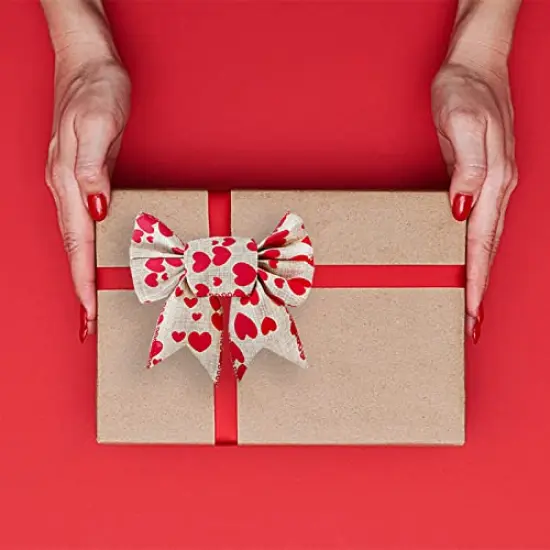 2.5" x 5.5 Yards Red Heart Printed Valentine's Day Burlap Ribbon Wired Edge Ribbon {6}