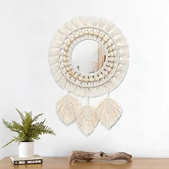 Hanging Wall Mirror-Boho Macrame Fringe Round Decorative Mirror with Wood Beads Feather Pendant，Art Ornament for Apartment Home Bedroom Living Room {6}