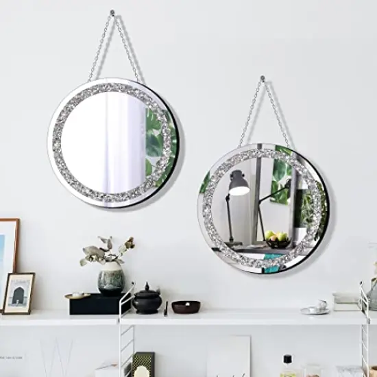 2 Pack Crystal Crush Diamond Silver Mirror Diameter 12 inch Round Shape with Iron Chain Real Glass Mirror for Wall Decor {5}