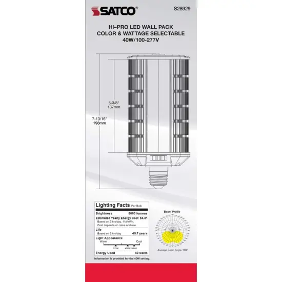 Satco LED Hi-Pro Wall Pack 20/30/40w CCT Selectable Medium Base 100-277V {4}