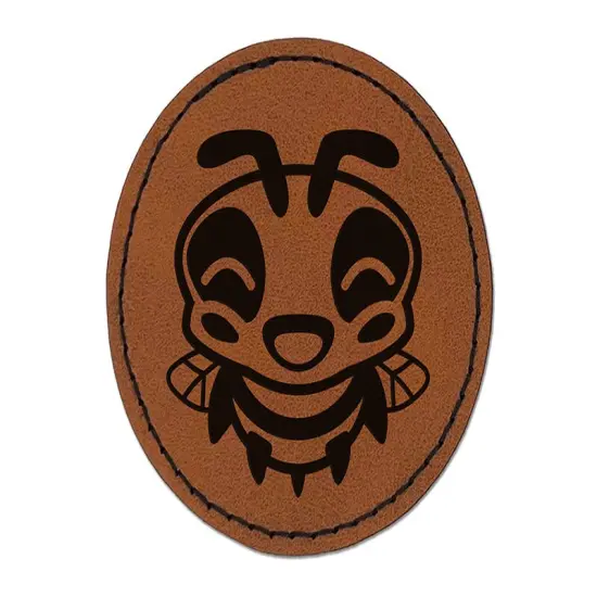 Cute Bee Laughing LOL Round Iron-On Engraved Faux Leather Patch Applique - 2.5" Brown {1}