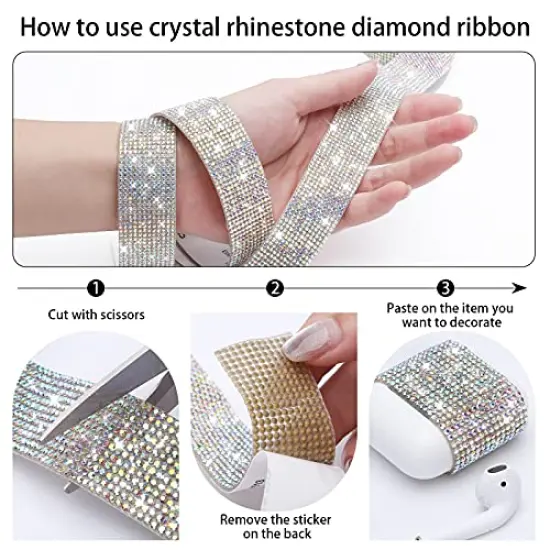 3 Rolls 6.6 Yards Self-Adhesive Crystal Rhinestone Diamond Ribbon - DIY Diamond Ribbon Stickers with 2 mm Rhinestones for Arts Crafts,Bling Ribbon Rolls for Vases,Car,Wedding Cake Decoration(AB Color) {6}