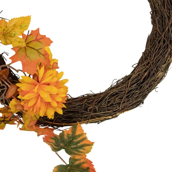 Northlight 20" Fall Foliage with Mum Flowers Artificial Thanksgiving Twig Wreath - Unlit Orange {5}