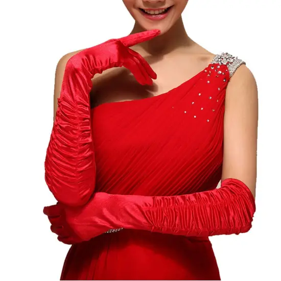 Women's Satin Long Sleeve Bridal Party Gloves for Wedding Costume Red {1}