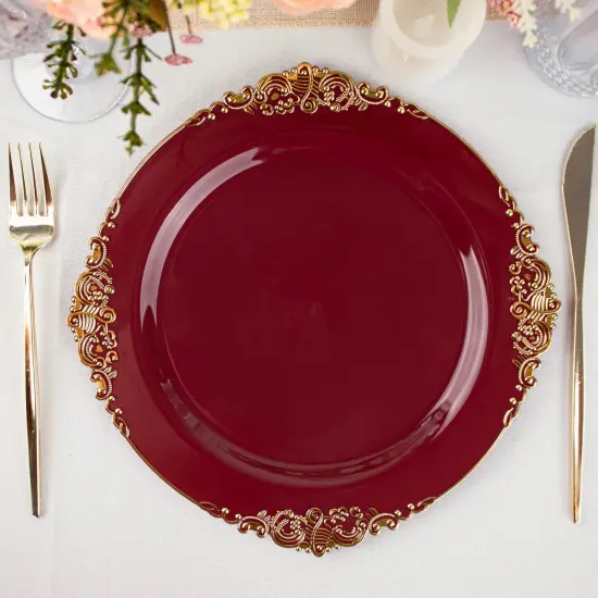 10 Pcs Disposable Plastic Salad Dinner Plates Embossed Baroque Trim Party Burgundy {1}