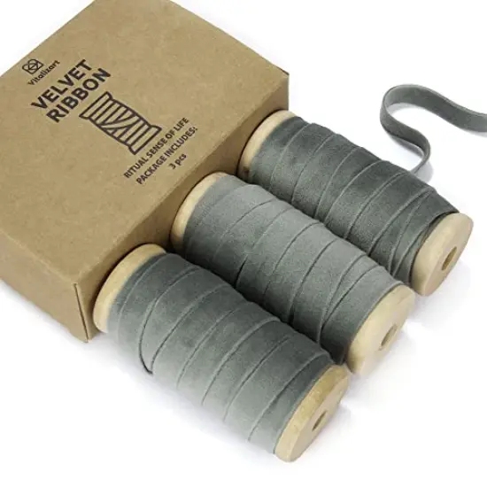 Dusty Green Velvet Ribbon Set 3/8"" x 15 Yards Wooden Spool Fabric Trim Eco-Friendly 3 Rolls * 5Yd for Christmas Wreath Decoration Handmade Craft Ornaments Gift Wrapping & Bow Making {2}