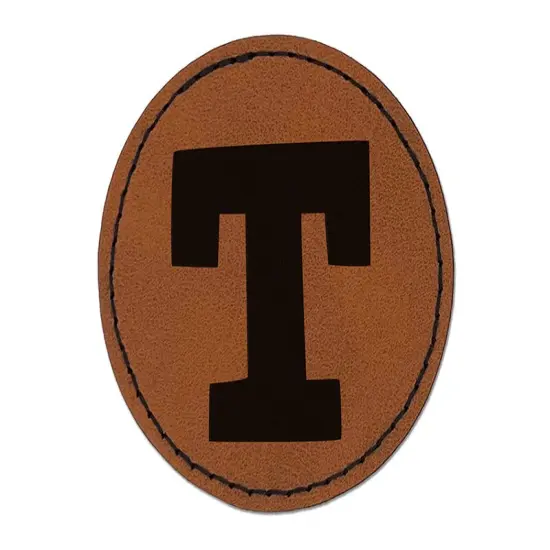 Letter T Uppercase Fun Bold Font Round Iron-On Engraved Faux Leather Patch Applique - 2.5" Brown {1}