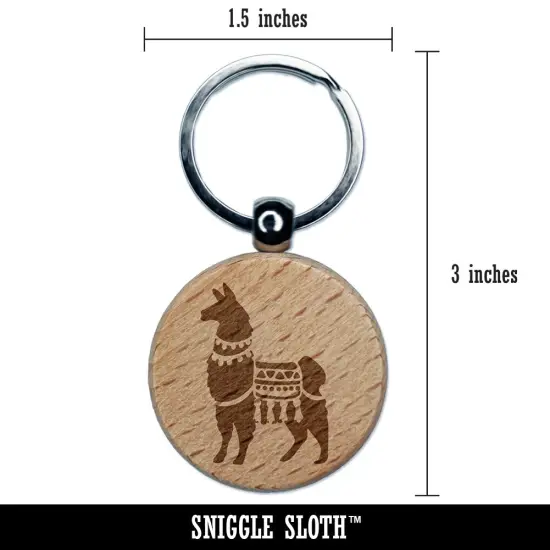 Fancy Llama with Geometric Blanket and Tassels Engraved Wood Round Keychain Tag Charm {2}