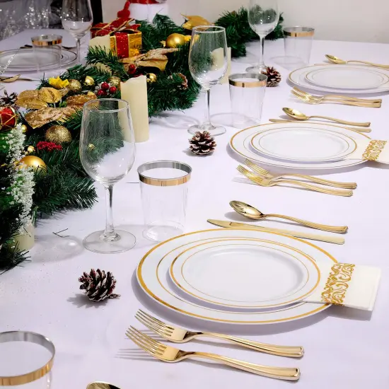 175pcs Disposable Dinnerware Set Gold Plastic Plates {2}