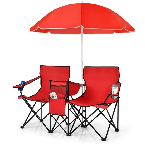Portable Folding Picnic Double Chair With Umbrella Red {3}