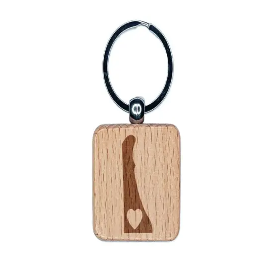 Delaware State with Heart Engraved Wood Square Keychain Tag Charm {1}
