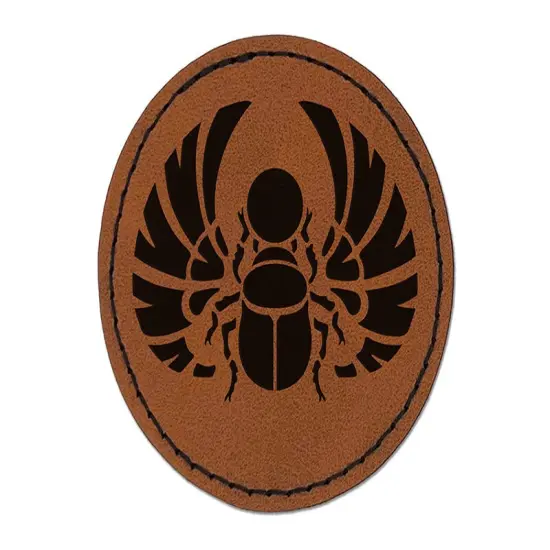 Egyptian Winged Scarab Beetle Pharaoh Mummy Amulet Insect Bug Round Iron-On Engraved Faux Leather Patch Applique - 2.5" Brown {1}