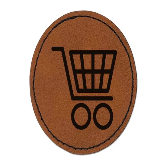 Shopping Cart Round Iron-On Engraved Faux Leather Patch Applique - 2.5" Brown {1}