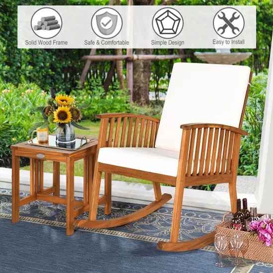 Costway 2PCS Acacia Wood Patio Rocking Chair Set Cushioned Coffee Table {6}