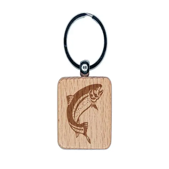Jumping Rainbow Trout Fish Engraved Wood Square Keychain Tag Charm {1}