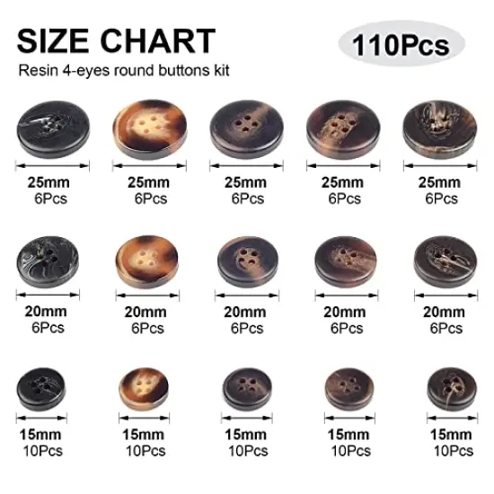 110 Pieces Mixed Sewing Buttons, 4-Hole Craft Round Blazer Buttons, 5 Color 3 Size(15mm,20mm,25mm) Suit Coats Resin Button, Suitable for Variety Clothing Sewing, DIY Craft(Brown) {4}
