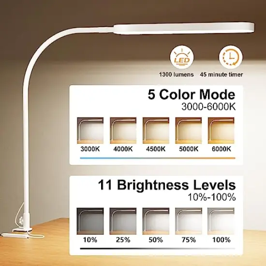 Desk Lamp for Office Home- 34" LED Desk Light - Touch Control - 5 Color Modes X 11 Brightness Levels - 1300ML(112 Pcs Lamp Beads) - Timmer & Memory Function - 12W Clip On Light - White {5}