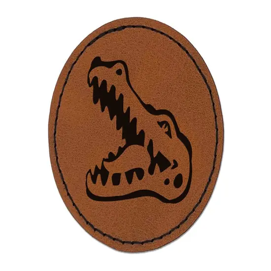 Smiling Toothy Crocodile Alligator Chomp Round Iron-On Engraved Faux Leather Patch Applique - 2.5" Brown {1}