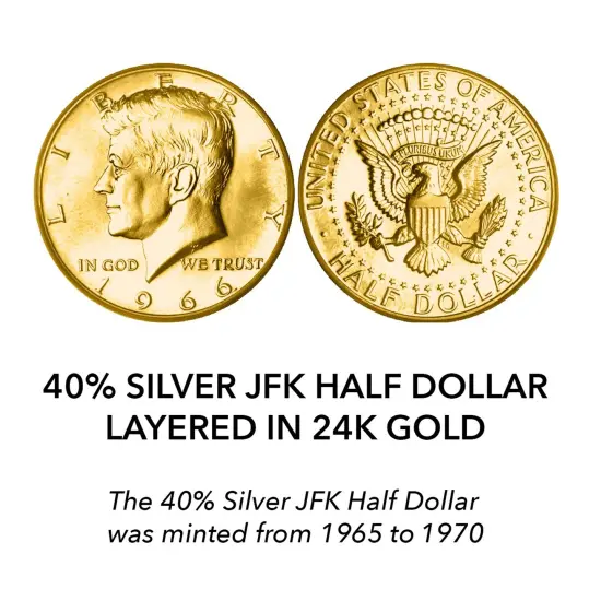 Silver JFK Half Dollar Coin Layered in Pure Gold {2}