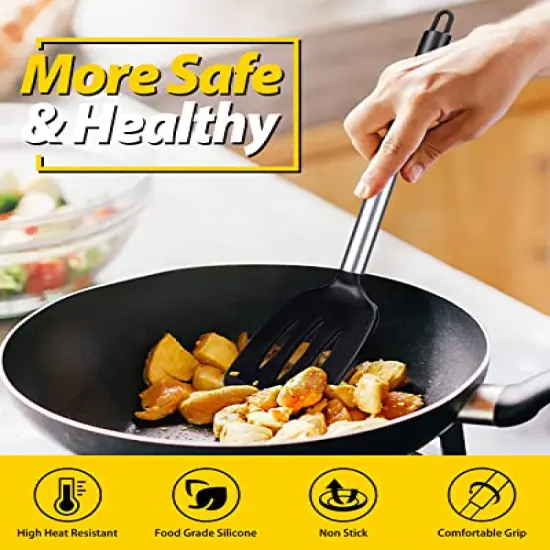 2 PCK Silicone Solid Turner,Non Stick Slotted Kitchen Spatulas,High Heat Resistant BPA Free Cooking Utensils,Ideal Cookware for Fish,Eggs,Pancakes (Black) {6}