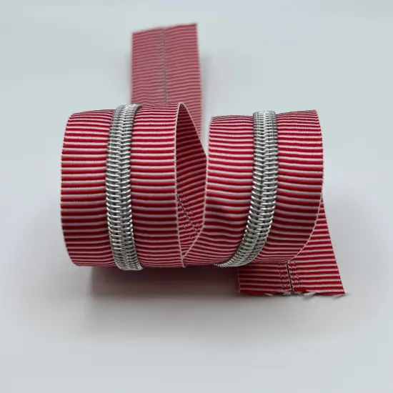 Red and white stripe with silver teeth Zipper Tape {1}