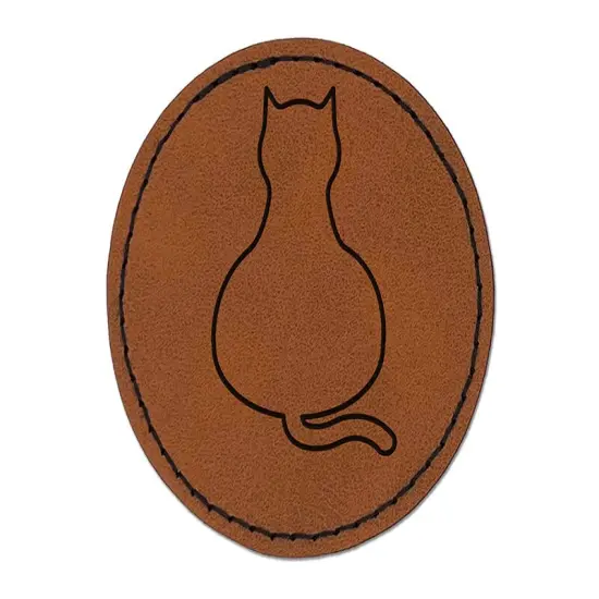Cat Sitting Back Outline Round Iron-On Engraved Faux Leather Patch Applique - 2.5" Brown {1}
