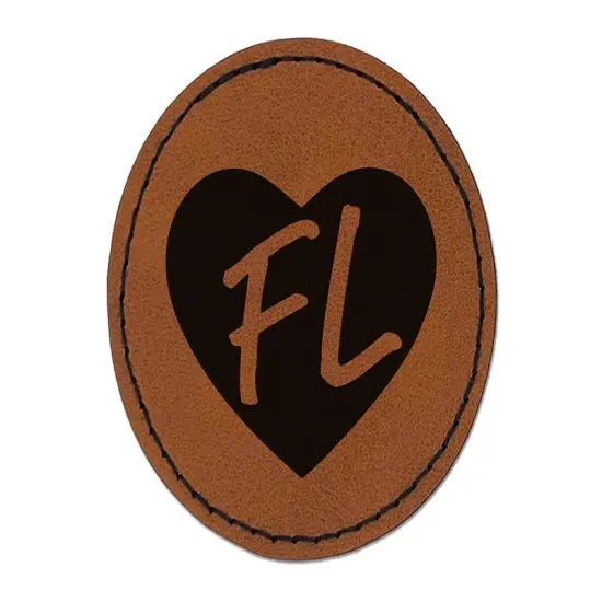 FL Florida State in Heart Round Iron-On Engraved Faux Leather Patch Applique - 2.5" Brown {1}