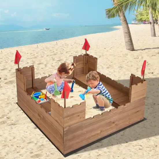 Kids Wooden Sandbox with Bottom Liner and Red Flags {1}