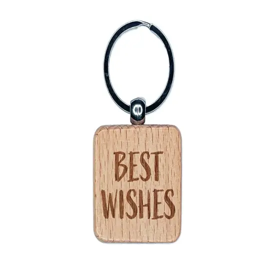 Best Wishes Sketchy Fun Text Engraved Wood Square Keychain Tag Charm {1}