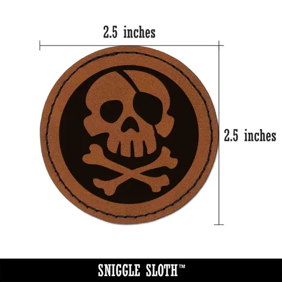 Pirate Skull and Crossbones Jolly Roger Round Iron-On Engraved Faux Leather Patch Applique - 2.5" Brown {3}
