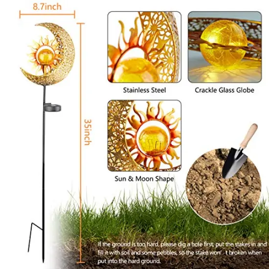 1 Pack Garden Solar Lights Outdoor Decorative, Sun & Moon Crackle Glass Globe Metal Stake Light, Waterproof Warm White LED Light, Decorations for Pathway Lawn Patio Courtyard Backyard {4}