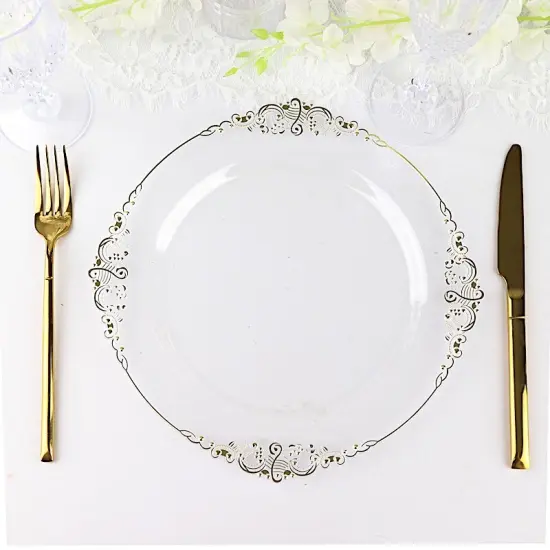10 Pcs Disposable Plastic Salad Dinner Plates Embossed Baroque Trim Party Clear and gold {1}