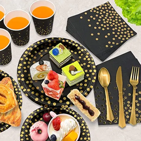 175 Pieces Black and Gold Party Supplies, Severs 25 Disposable Party Dinnerware Gold Plastic Forks Knives Spoons and Golden Dot Black Paper Plates Black Napkins Cups for New Years Graduation Birthday {4}