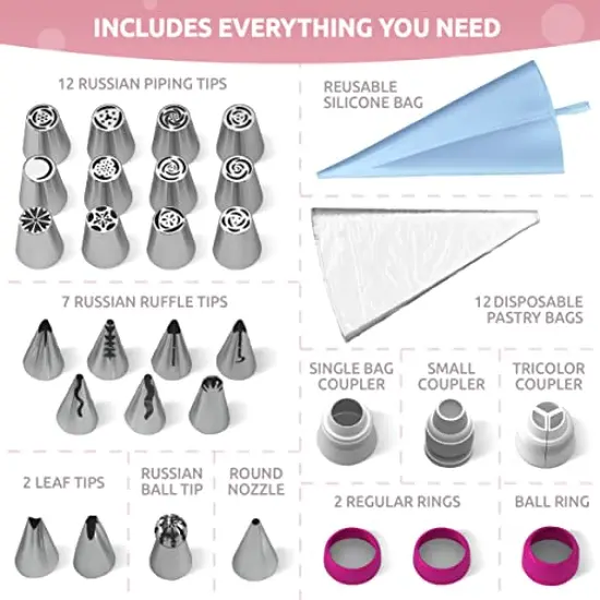 Premium Russian Piping Tips Cake Decorating Complete Set 42 pcs Baking Supplies Kit with Storage Gift Box - 12 Russian Tulip Icing Piping Nozzles - Flower Shaped Frosting Nozzles Kit {1}