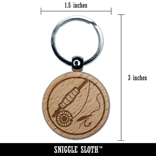 Fly Fishing Rod Reel and Lure Bait Engraved Wood Round Keychain Tag Charm {2}