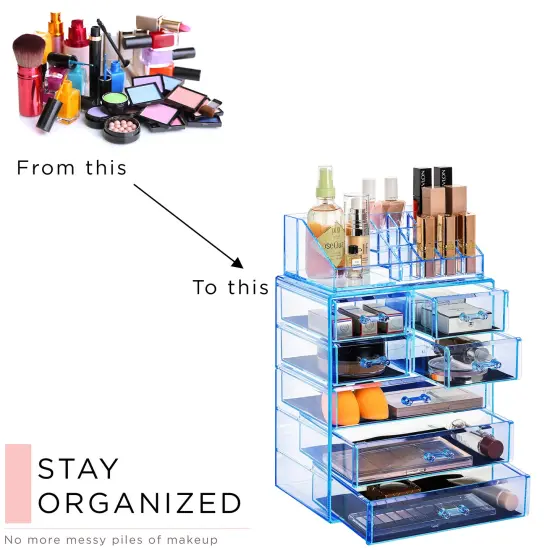 Sorbus Medium Makeup Organizer Set - (3 Large / 4 Small Drawers/Top Tray) Blue {5}