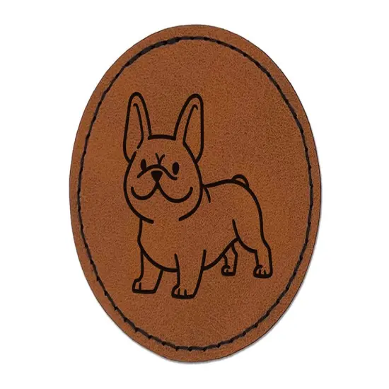 Frenchie Standing French Bulldog Dog Round Iron-On Engraved Faux Leather Patch Applique - 2.5" Brown {1}